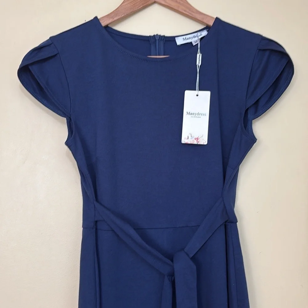 Manydress | NWT Navy Blue Cap Sleeve Belted Unlined Midi Dress Medium - Picture 4 of 14